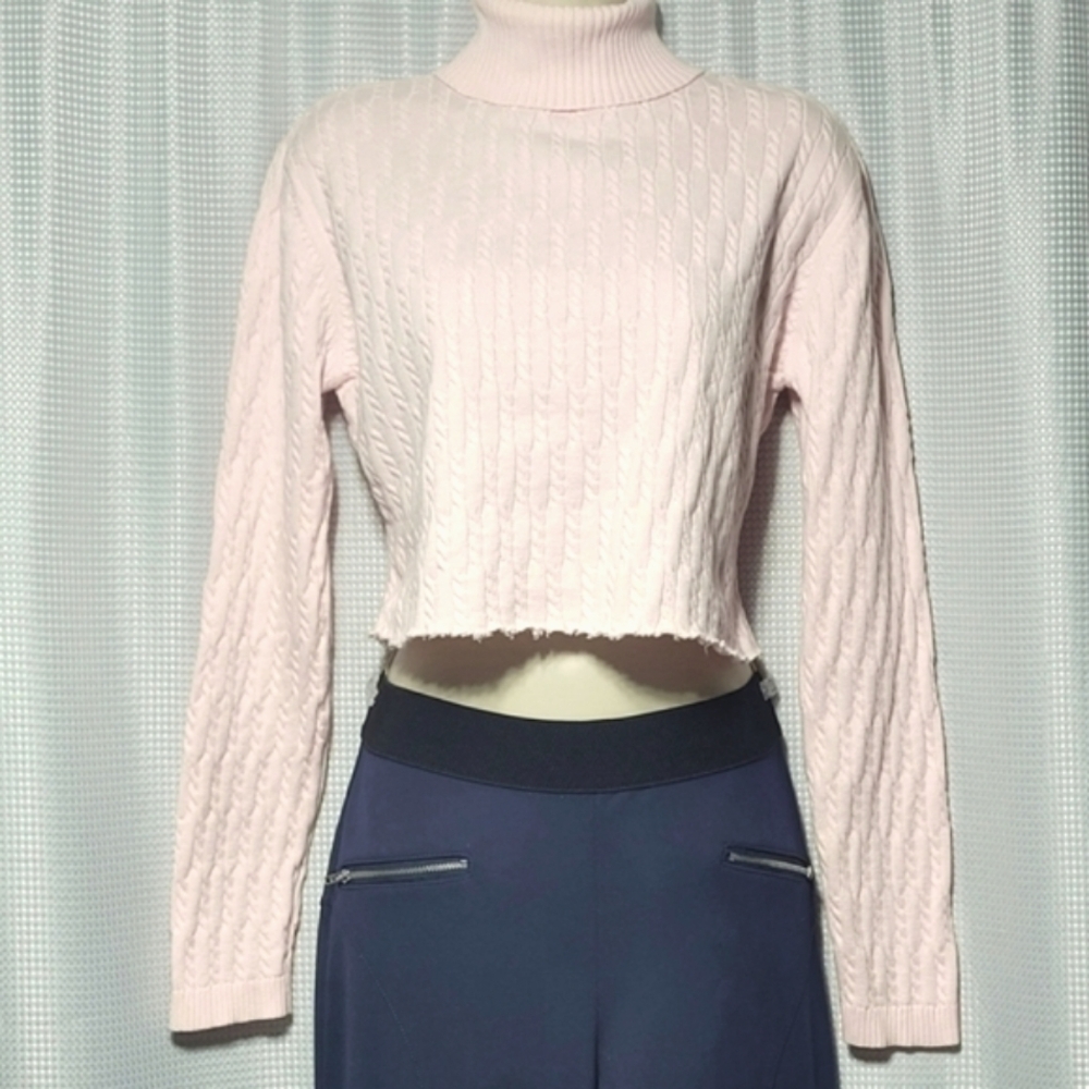 Simply Sweet Pink Turtleneck Cable Knit Long Sleeve Raw Edge Sweater (S)